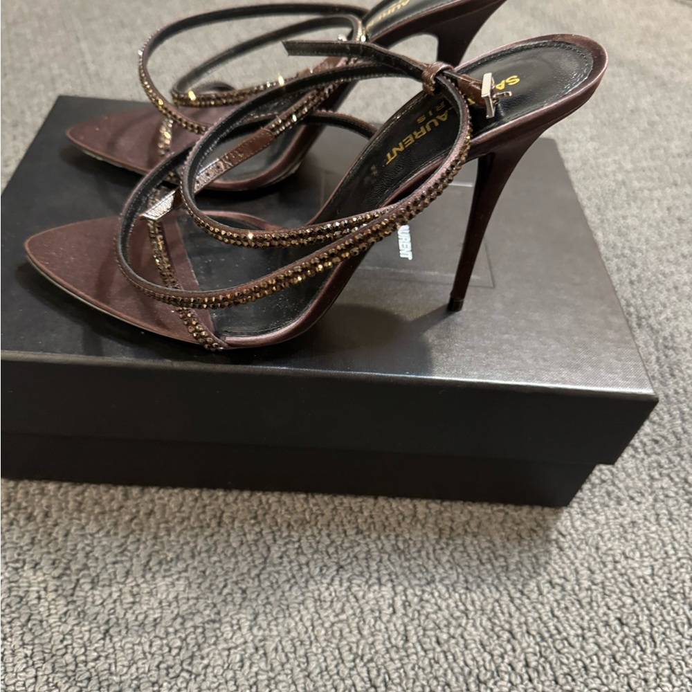 Saint Laurent Ava Sandals in Dark Brown Satin